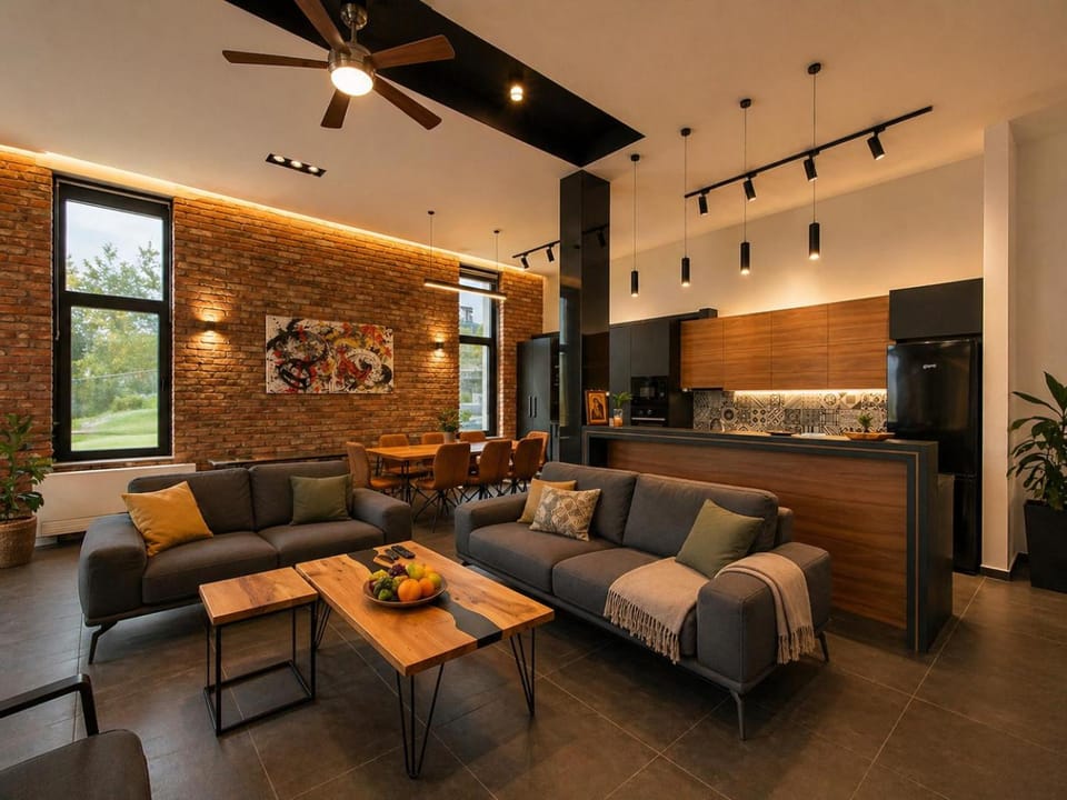 Kitchen or kitchenette, Living room, Food and drinks, Seating area, Dining area, fireplace
