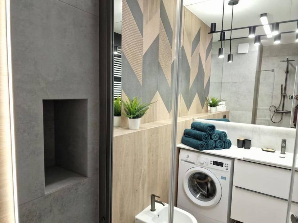 Shower, Toilet, Bathroom, hair dryier, towels, washing machine, dryer