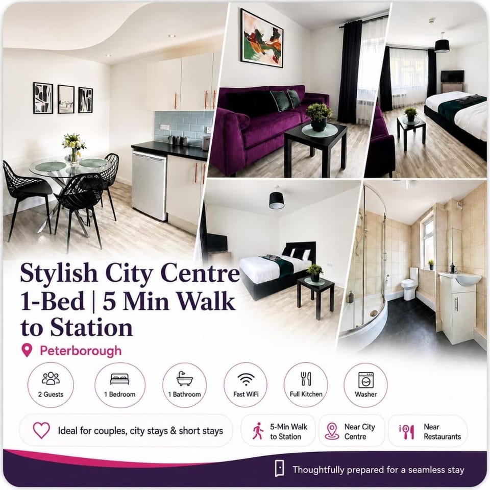 Stylish City Centre 1-Bed 5 Min Walk to Station Apartment in Huntingdonshire District