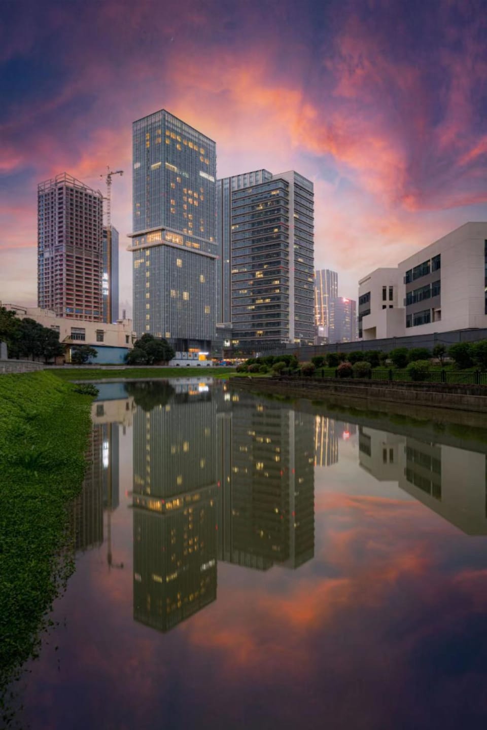 Property building, Off site, Text overlay, City view, Sunset