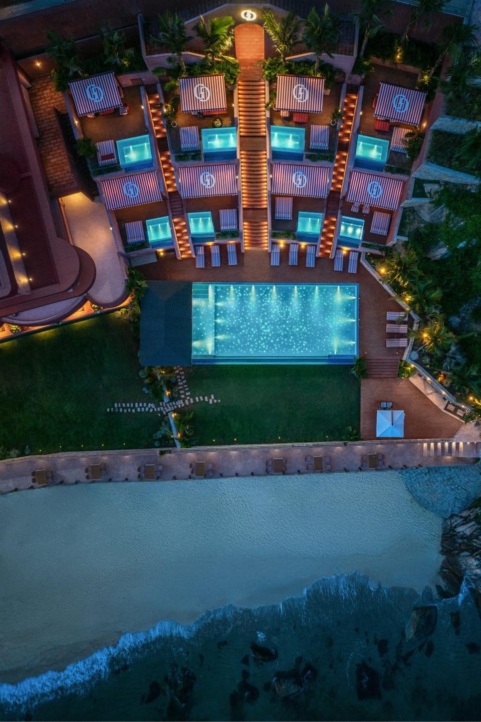 Property building, Night, Bird's eye view, Sea view, Swimming pool