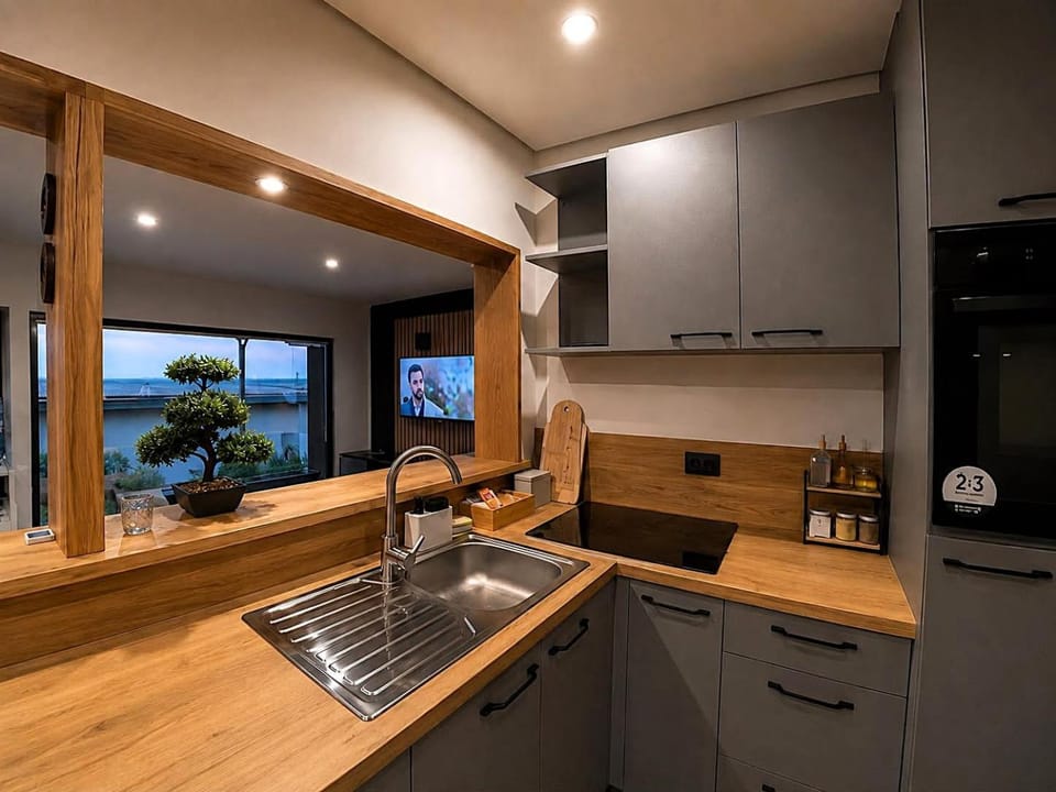 Kitchen or kitchenette, stove, kitchen