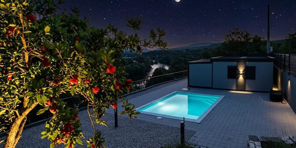 Night, Natural landscape, Pool view, Swimming pool, sunbed