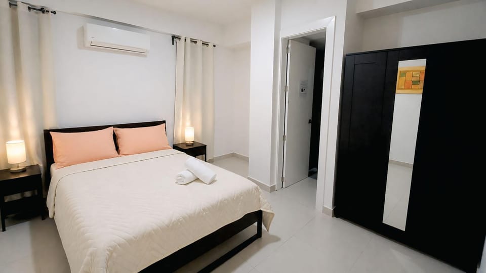 Bed, Photo of the whole room, Bedroom, towels, wardrobe, air conditioner