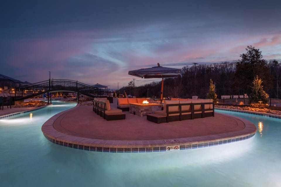 Night, Seating area, Swimming pool, Sunset, fireplace
