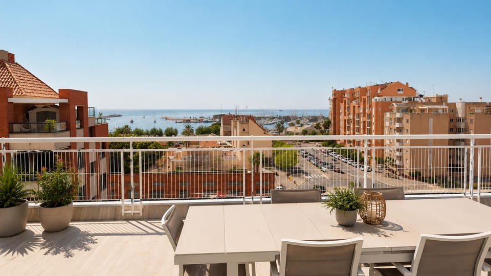 Property building, Patio, Day, Natural landscape, View (from property/room), Balcony/Terrace, Seating area, Dining area, City view, Sea view
