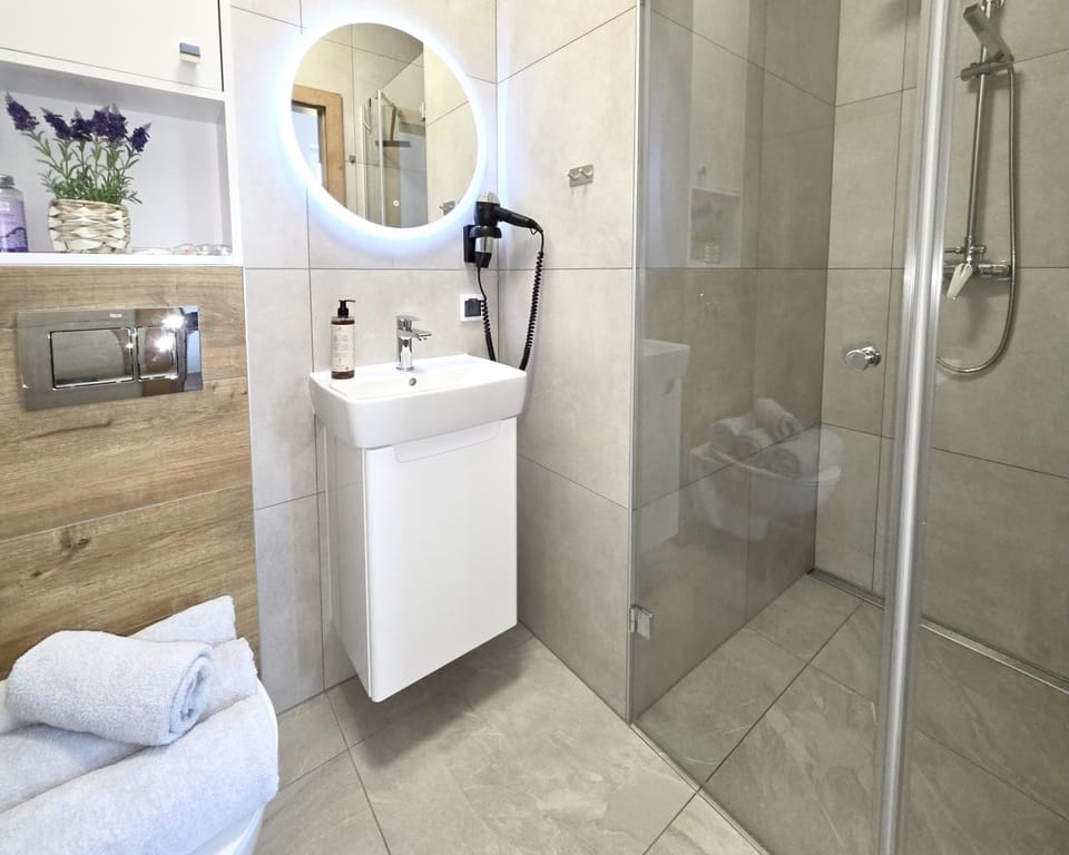 Shower, Toilet, Bathroom, hair dryier, towels
