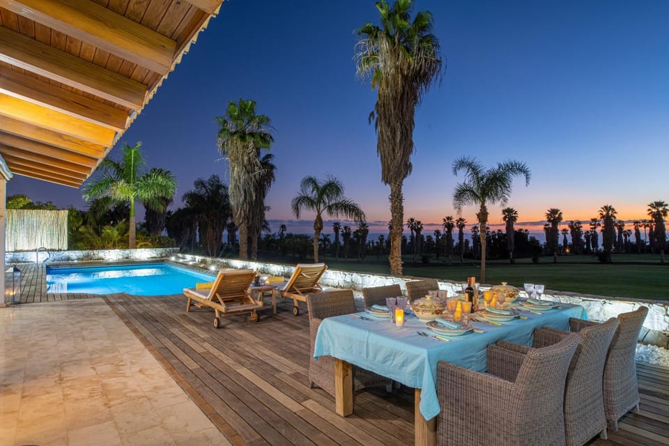 Patio, Night, Natural landscape, View (from property/room), Balcony/Terrace, Seating area, Dining area, Pool view, Swimming pool, sunbed