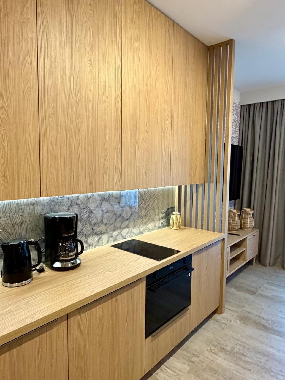 Kitchen or kitchenette, stove