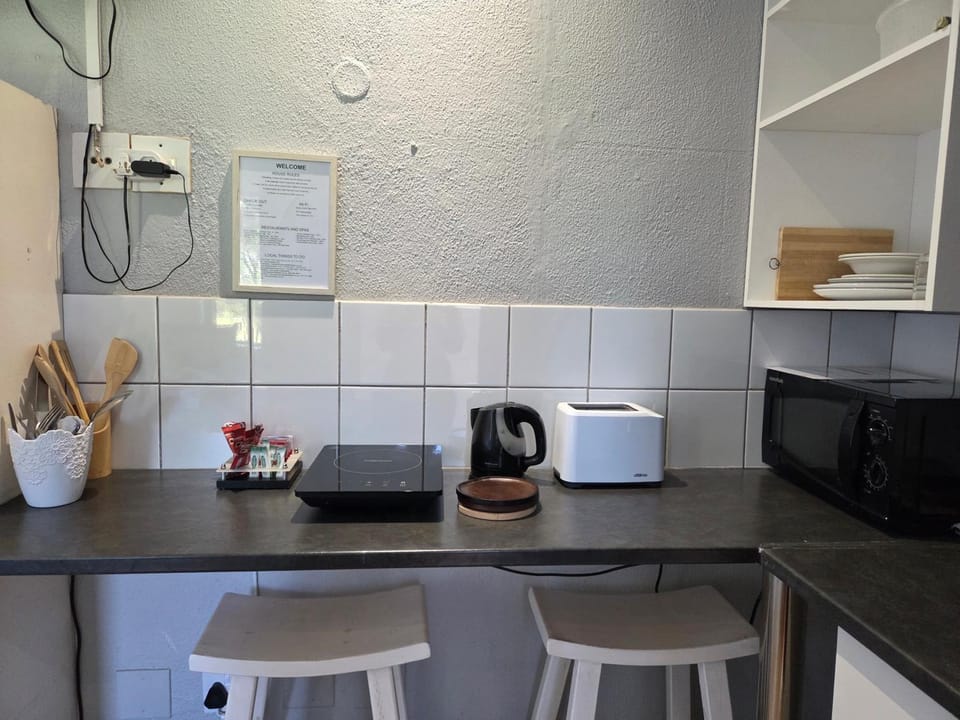 Kitchen or kitchenette, microwave, stove, toaster