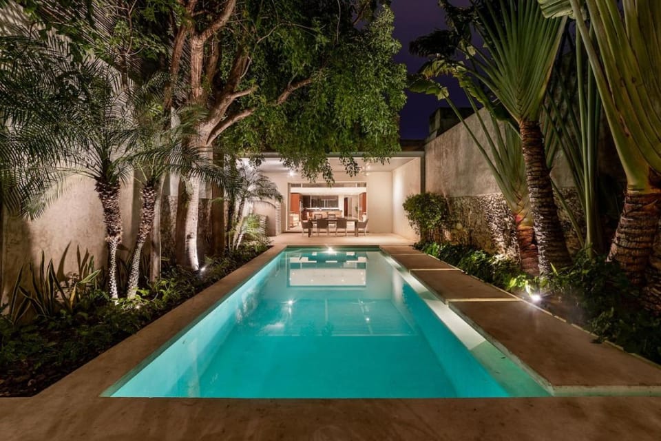 Night, Garden, Pool view, Swimming pool
