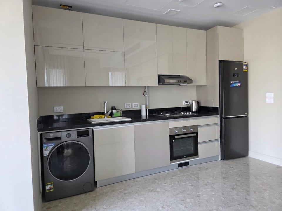 Kitchen or kitchenette, oven, stove, washing machine