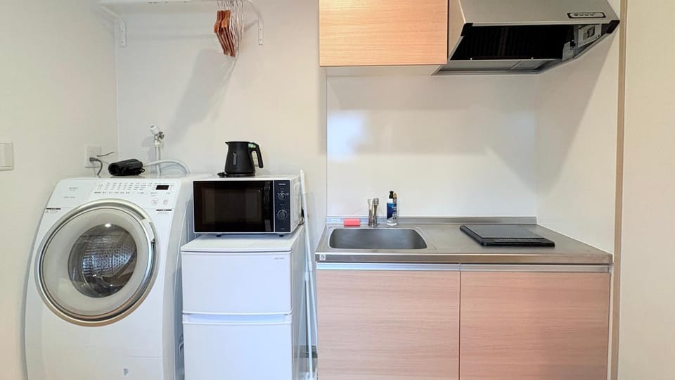 Kitchen or kitchenette, stove, washing machine