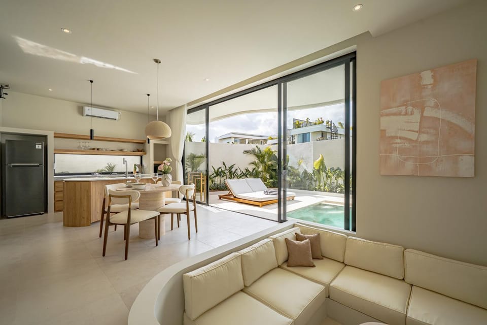 Living room, Seating area, Pool view