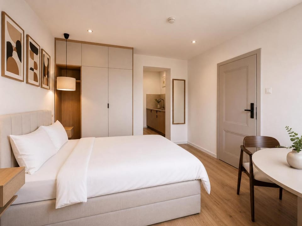 Bed, wardrobe