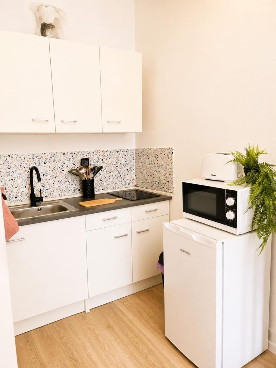 Kitchen or kitchenette, stove, toaster