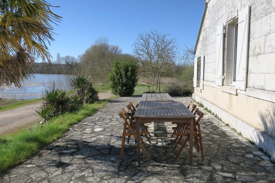 Patio, Natural landscape, Dining area, River view