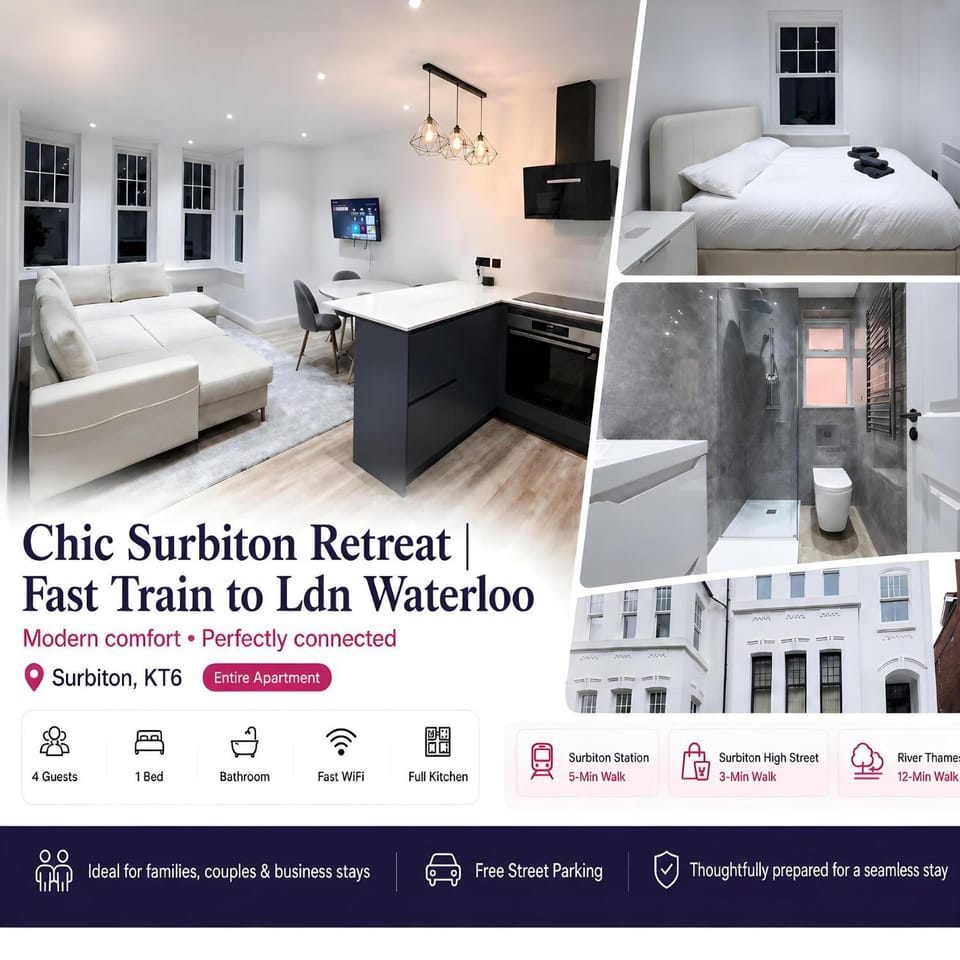Chic Surbiton Retreat Fast Train to Ldn Waterloo Apartment in Kingston upon Thames