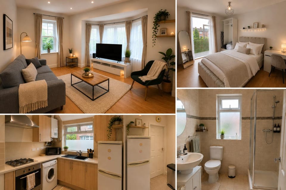 Shower, Bathroom, Kitchen or kitchenette, Living room, Bedroom