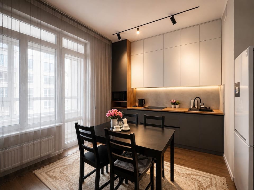 Dining area, microwave, stove, kitchen