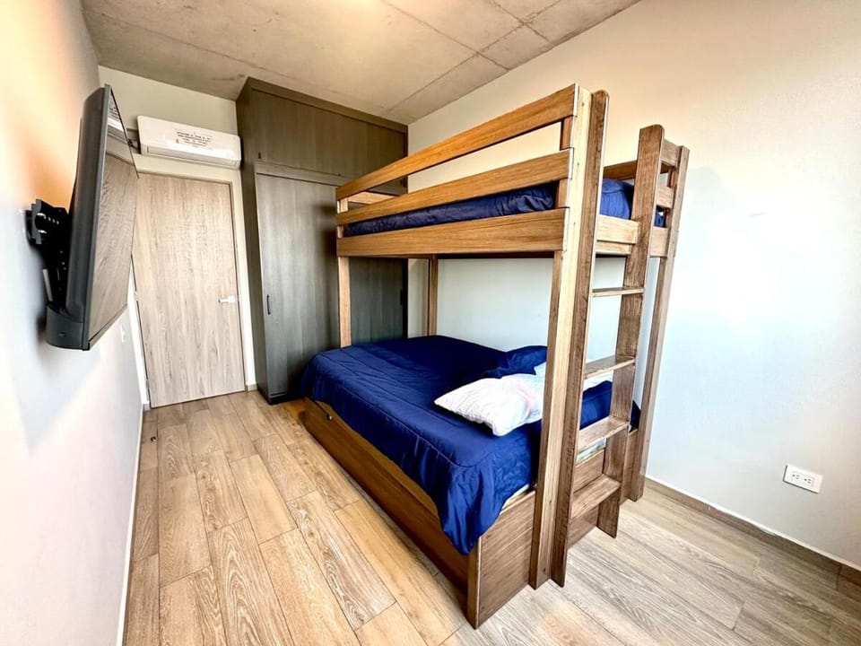 Bed, Photo of the whole room, Bedroom, bunk bed, wardrobe, air conditioner