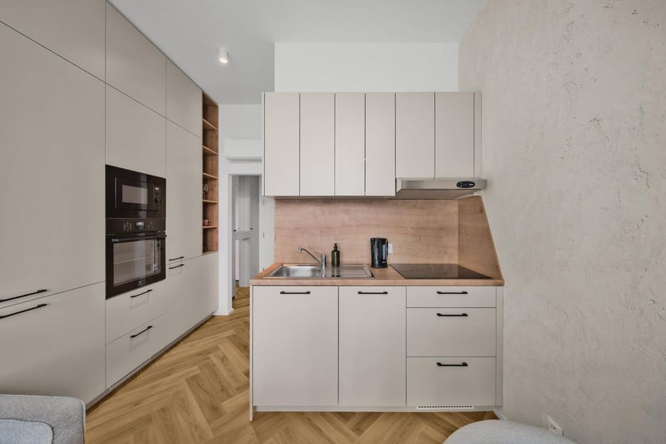 Kitchen or kitchenette, stove