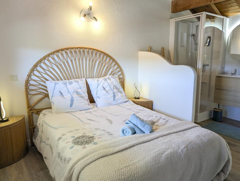 Shower, Bed, Bedroom