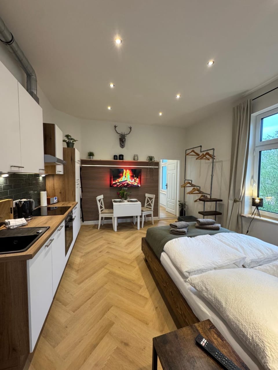 Bed, Kitchen or kitchenette, Living room, Photo of the whole room, Seating area, Dining area, Bedroom, minibar, stove