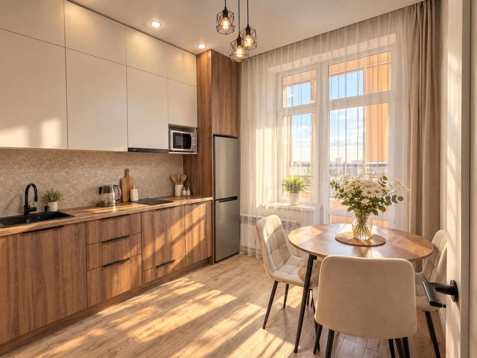 Coffee/tea facilities, Kitchen or kitchenette, Dining area, stove