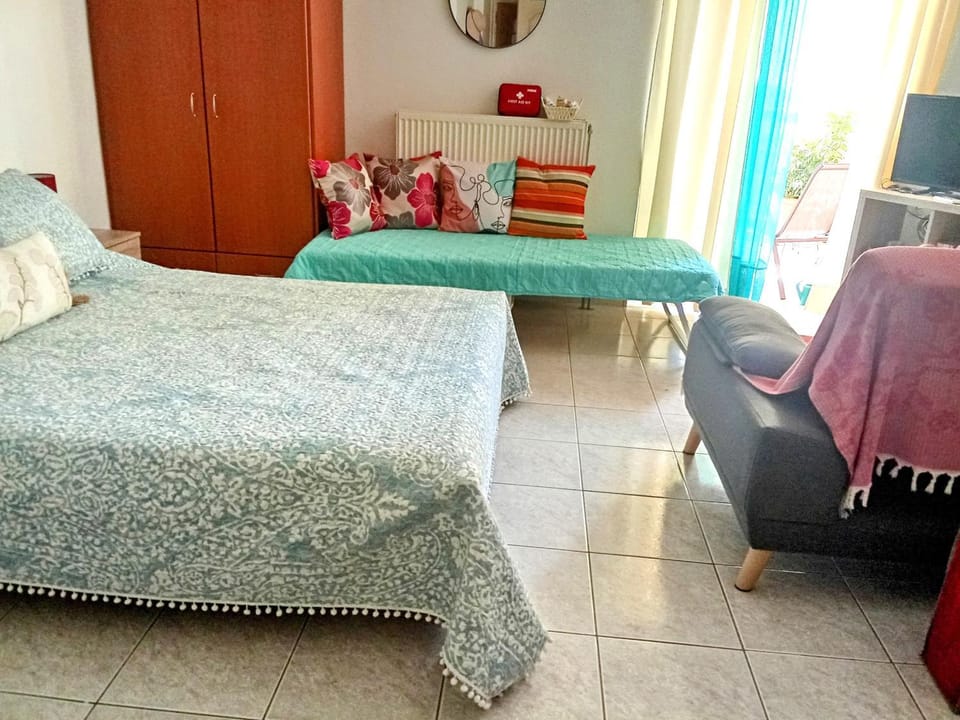 Bed, wardrobe