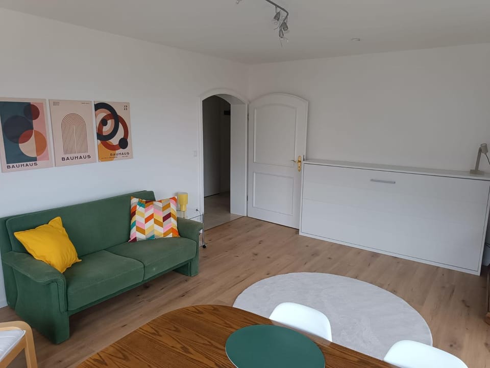 Bed, Living room, Seating area