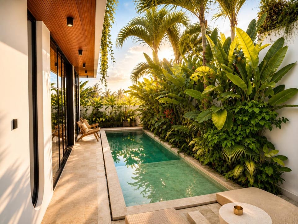 Property building, Natural landscape, Garden, Decorative detail, Swimming pool, sunbed