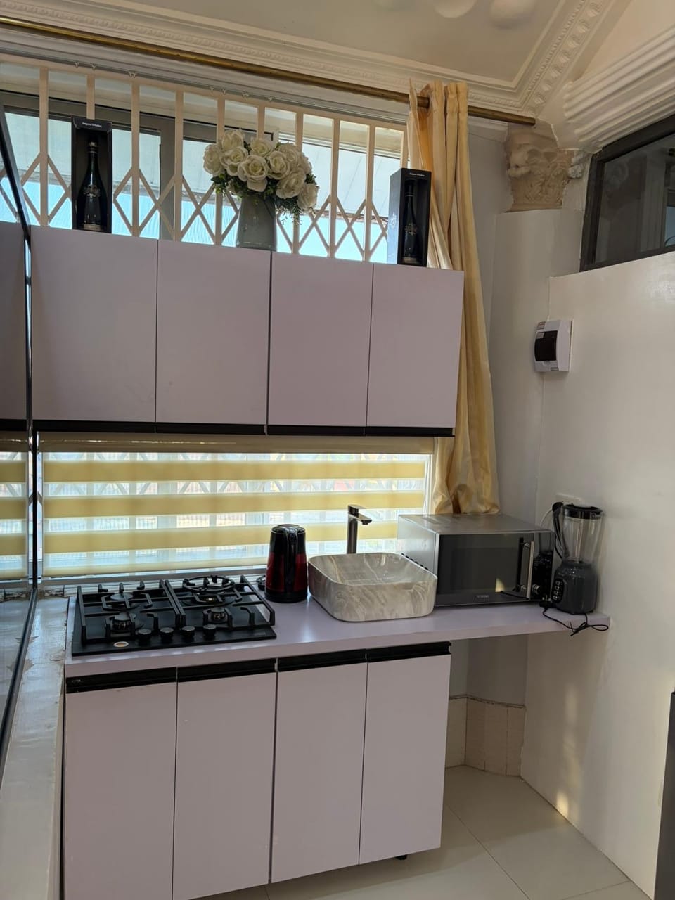 Kitchen or kitchenette, microwave, stove