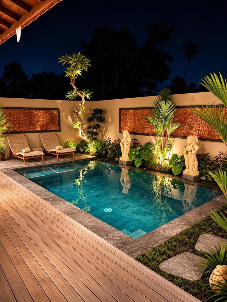 Night, Garden, Swimming pool