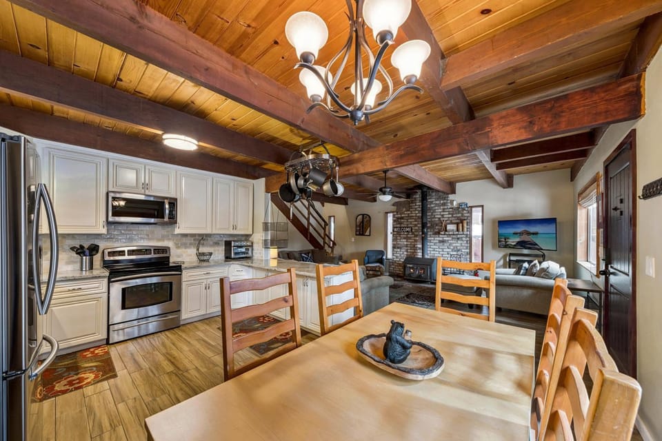 Day, Kitchen or kitchenette, Living room, Dining area, fireplace, furniture, microwave, oven, stove, kitchen
