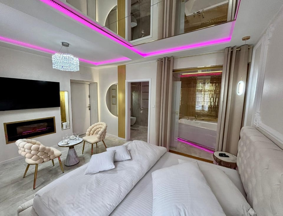 Shower, Toilet, Bed, Bathroom, TV and multimedia, Living room, Photo of the whole room, Seating area, Bedroom, Bath, fireplace