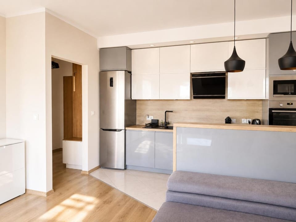 Kitchen or kitchenette, microwave, stove