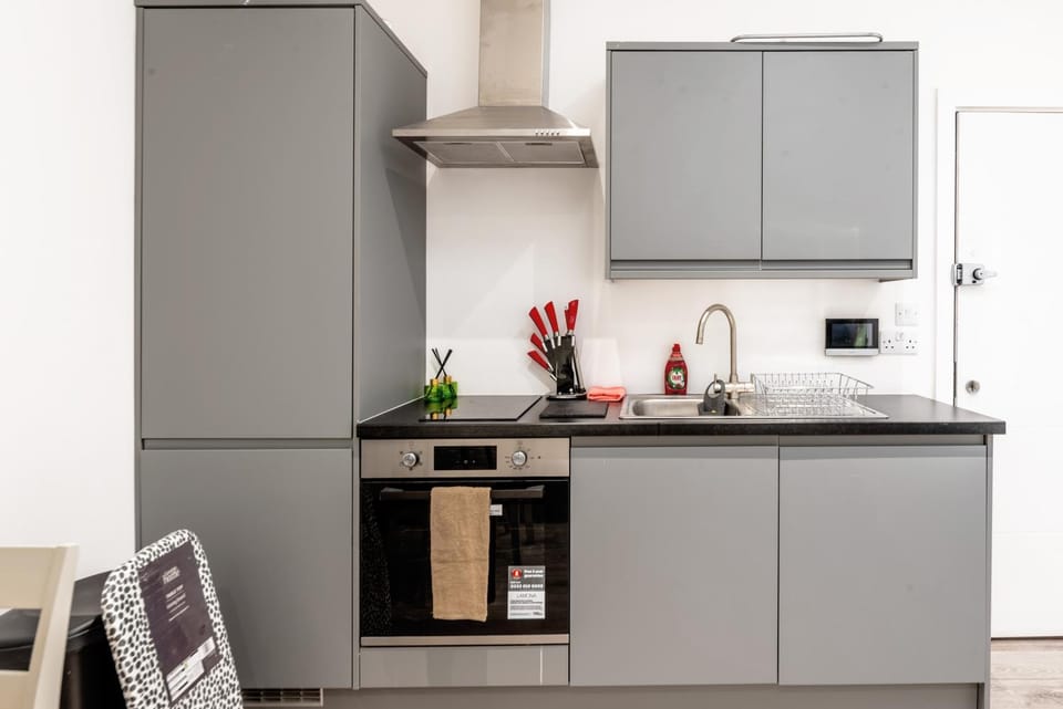 Kitchen or kitchenette, dishwasher, oven, stove