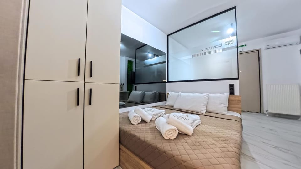 Bed, wardrobe