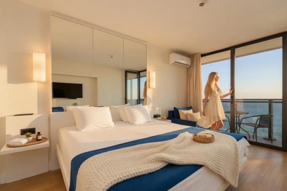 Communal lounge/ TV room, Bed, Natural landscape, TV and multimedia, Photo of the whole room, Evening entertainment, Bedroom, Sea view, group of guests, towels, air conditioner