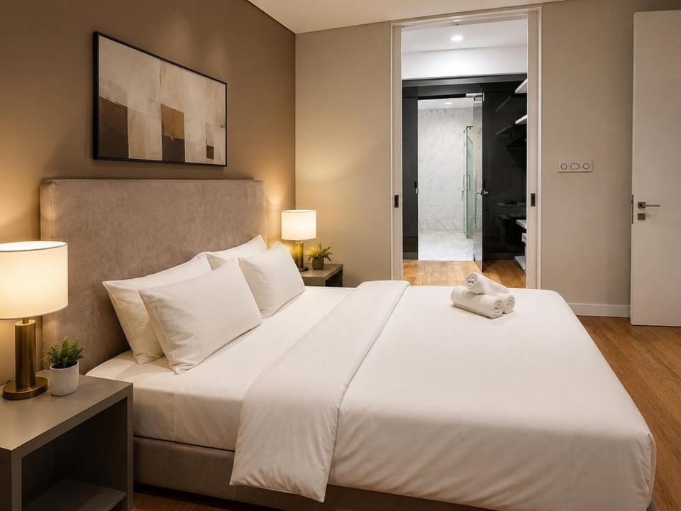 Bed, Photo of the whole room, Bedroom, towels