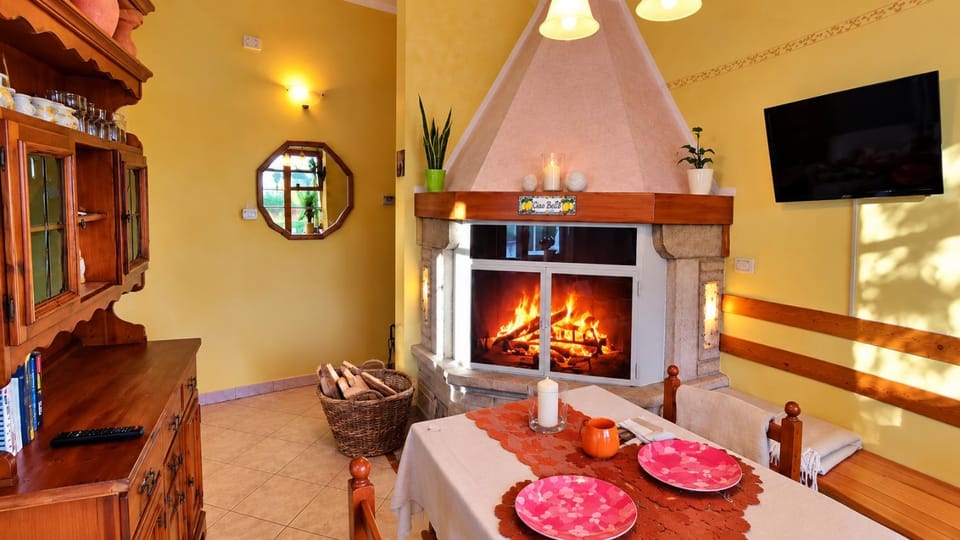 Dining area, fireplace, heating, kitchen