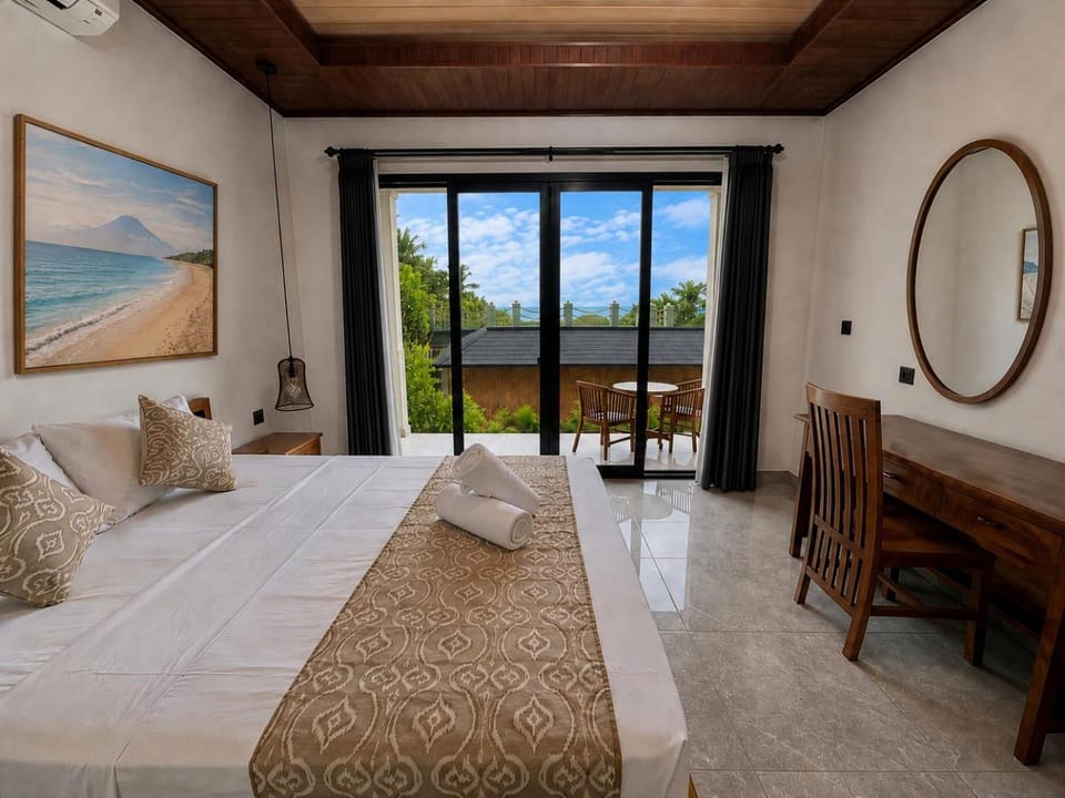 Bed, Natural landscape, Seating area, Bedroom, Sea view