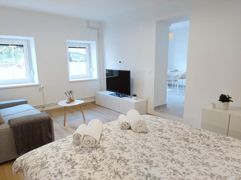 Bed, TV and multimedia, Living room, Photo of the whole room, Seating area, Dining area, Bedroom, towels