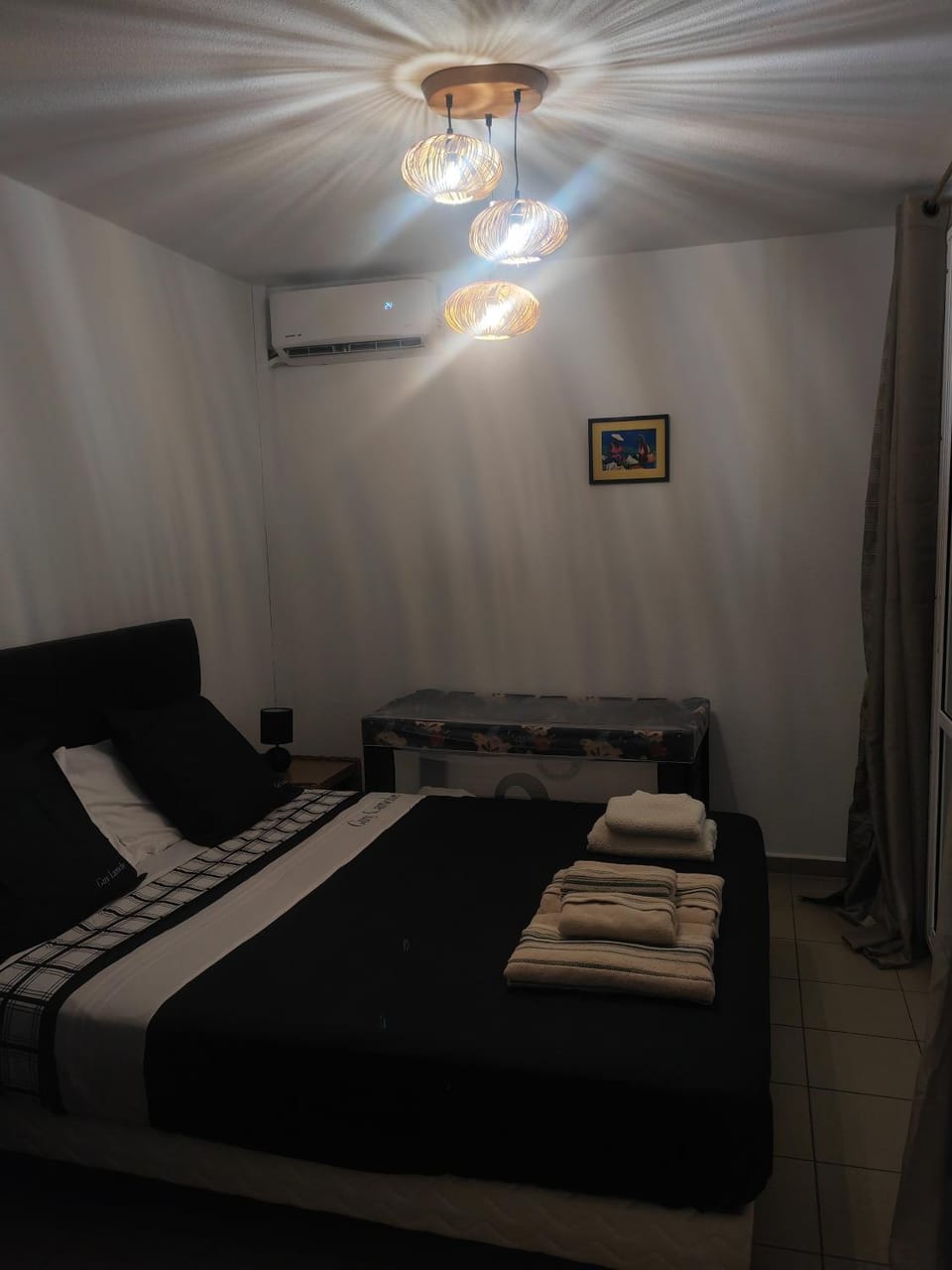 Bed, Photo of the whole room, Bedroom, towels, air conditioner