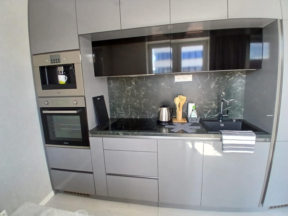 Kitchen or kitchenette, dishwasher, oven, stove
