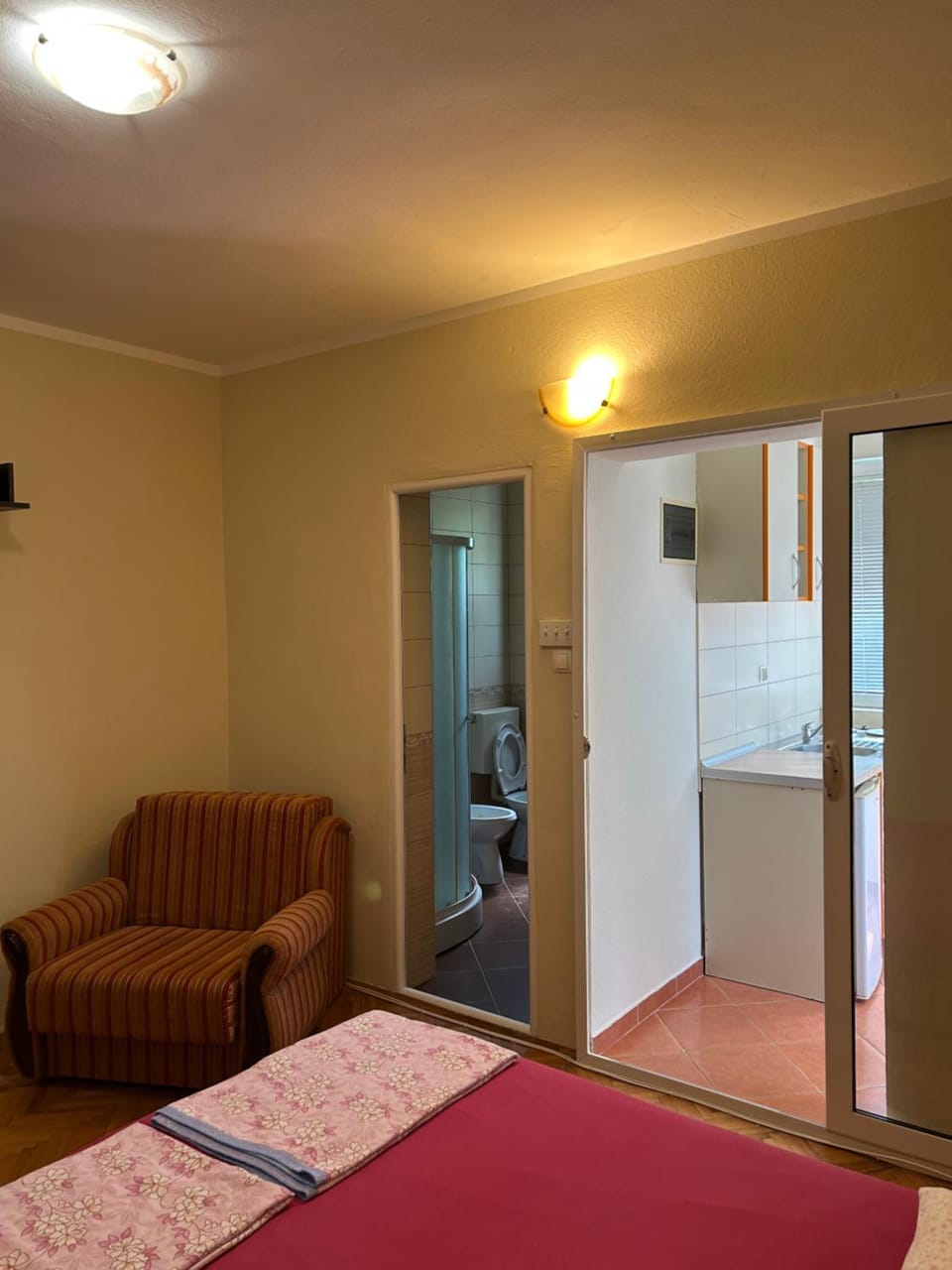 Bed, Bathroom, Kitchen or kitchenette, Photo of the whole room, Seating area
