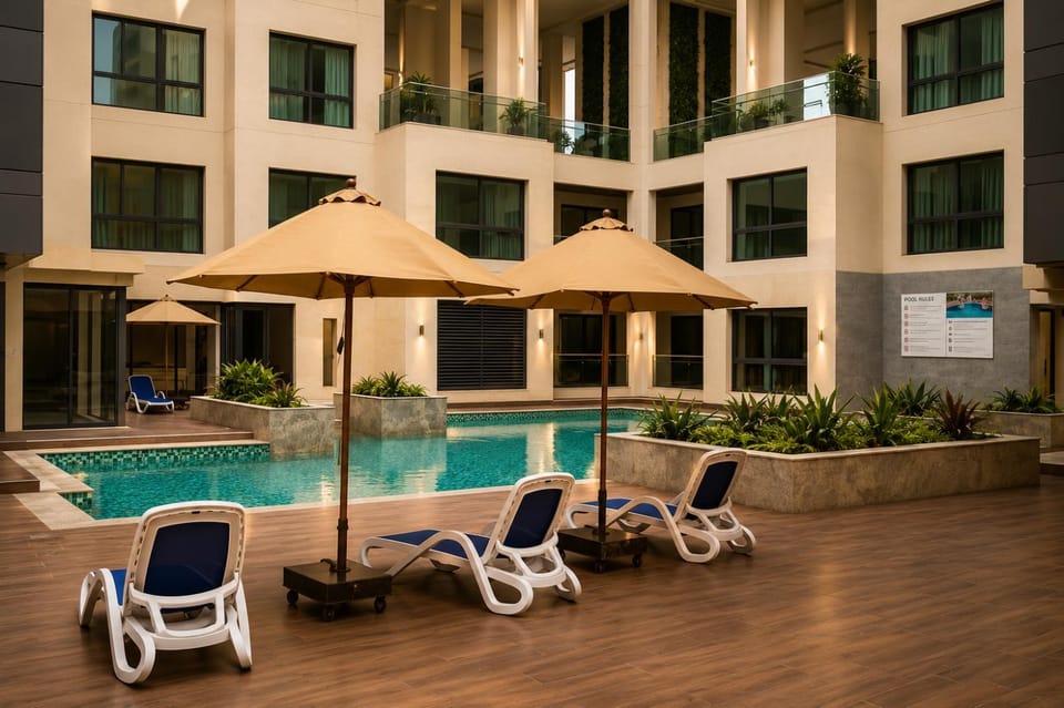 Property building, Patio, Pool view, Swimming pool, Inner courtyard view, sunbed