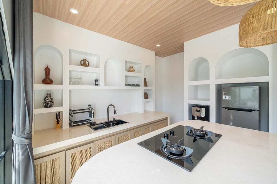 Kitchen or kitchenette, stove