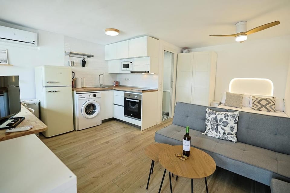 Kitchen or kitchenette, Living room, Seating area, Dining area, oven, stove, washing machine, air conditioner